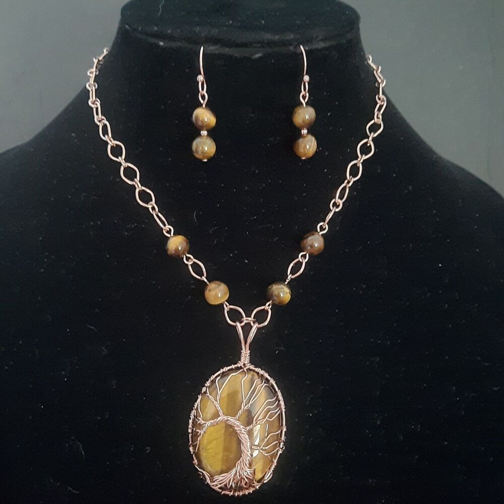 Tree of Life Tiger's Eye Necklace w/ Earrings